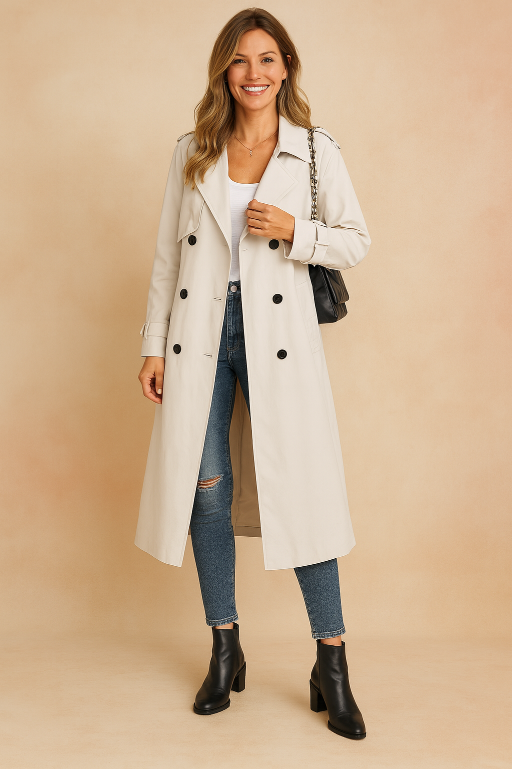Double-breasted women's chic long trench coat, modern classic urban style for fall & winter jackets.