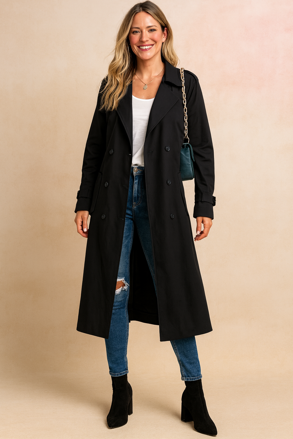 Stylish women's long trench coat, urban chic outerwear, elegant and versatile for fall & spring fashion.