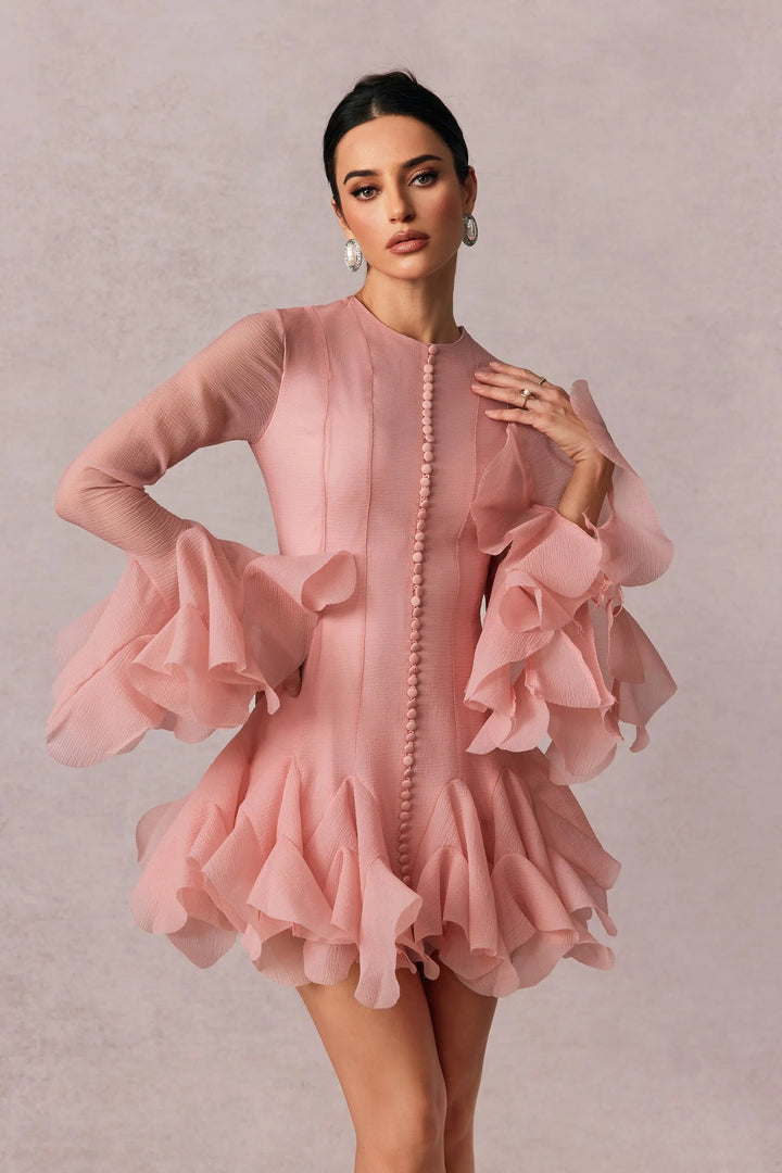 Elegant women's long sleeve ruffle mini dress in pink, ideal for cocktail parties & special events.