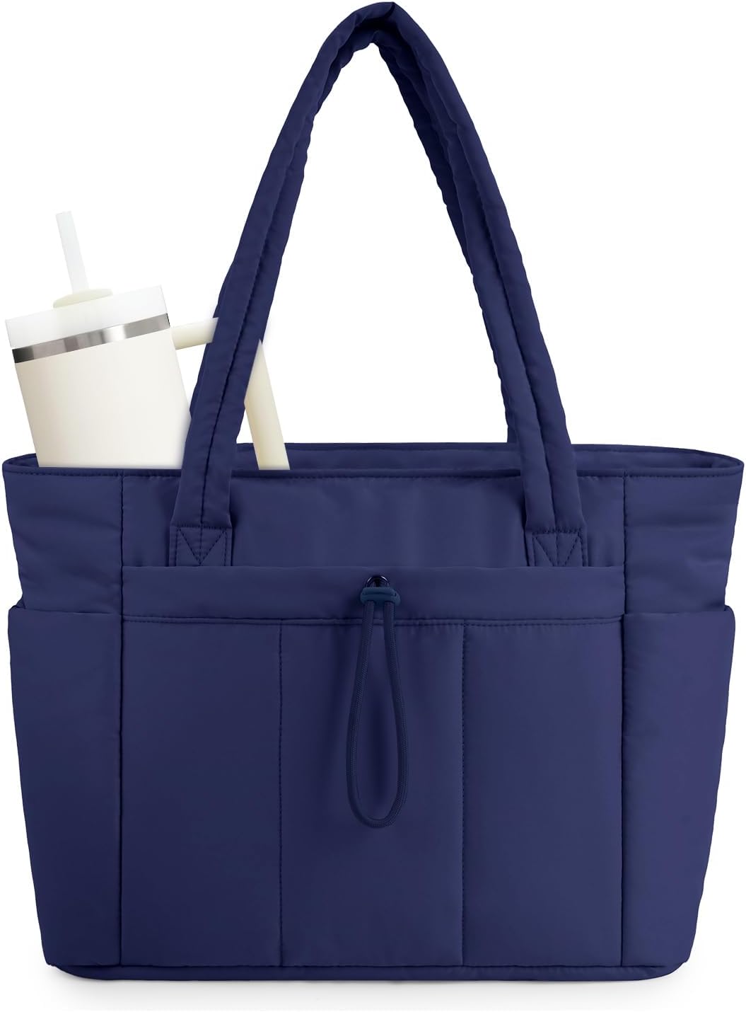 Chic women's quilted puffer tote bag with laptop sleeve & cup holder, perfect for travel & work.
