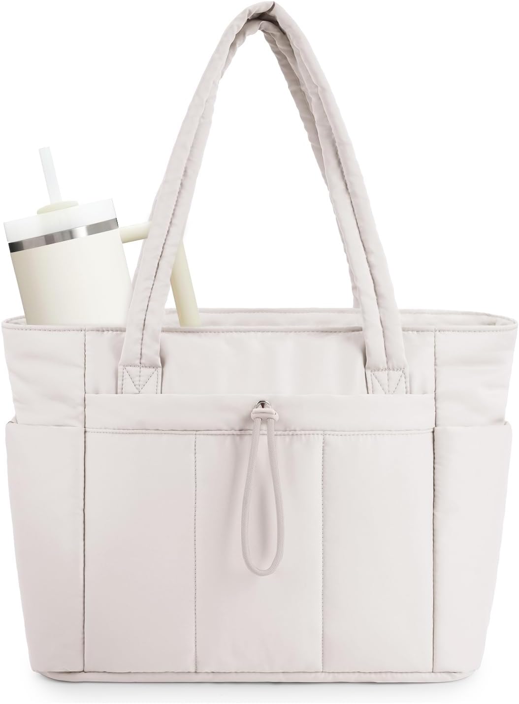 Versatile quilted puffer tote for women, featuring laptop sleeve, cup holder, ideal for travel & work.