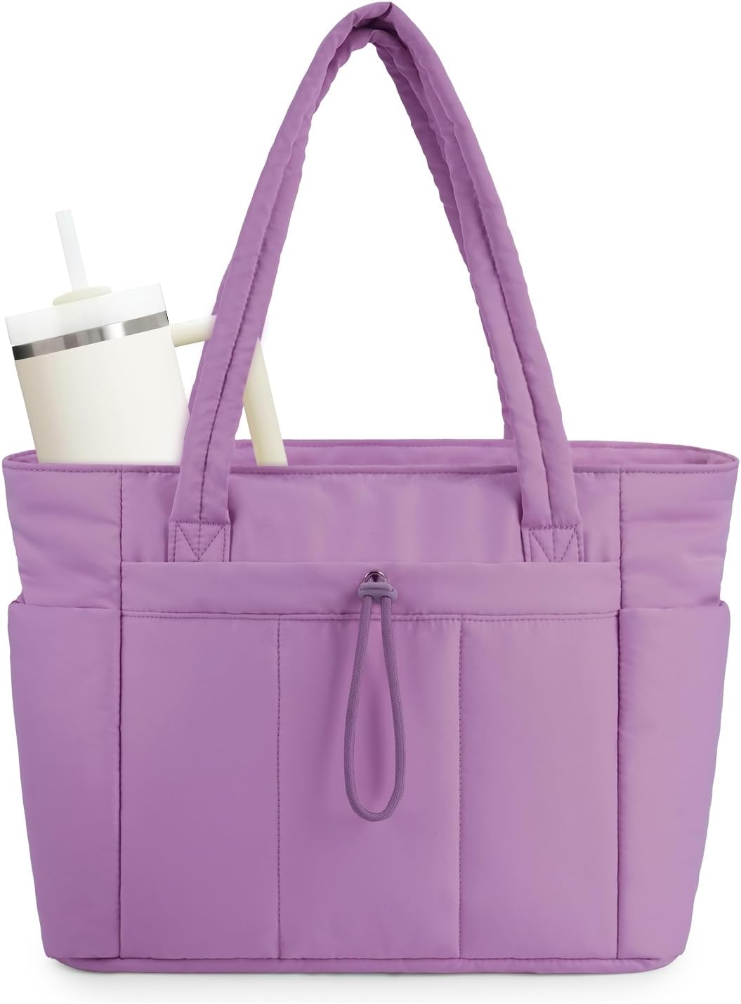 Stylish large capacity quilted puffer tote bag for women, with secure laptop sleeve & handy cup holder.