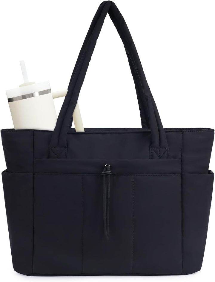 Organized women's quilted puffer tote bag. Features a laptop sleeve & cup holder for work or travel.
