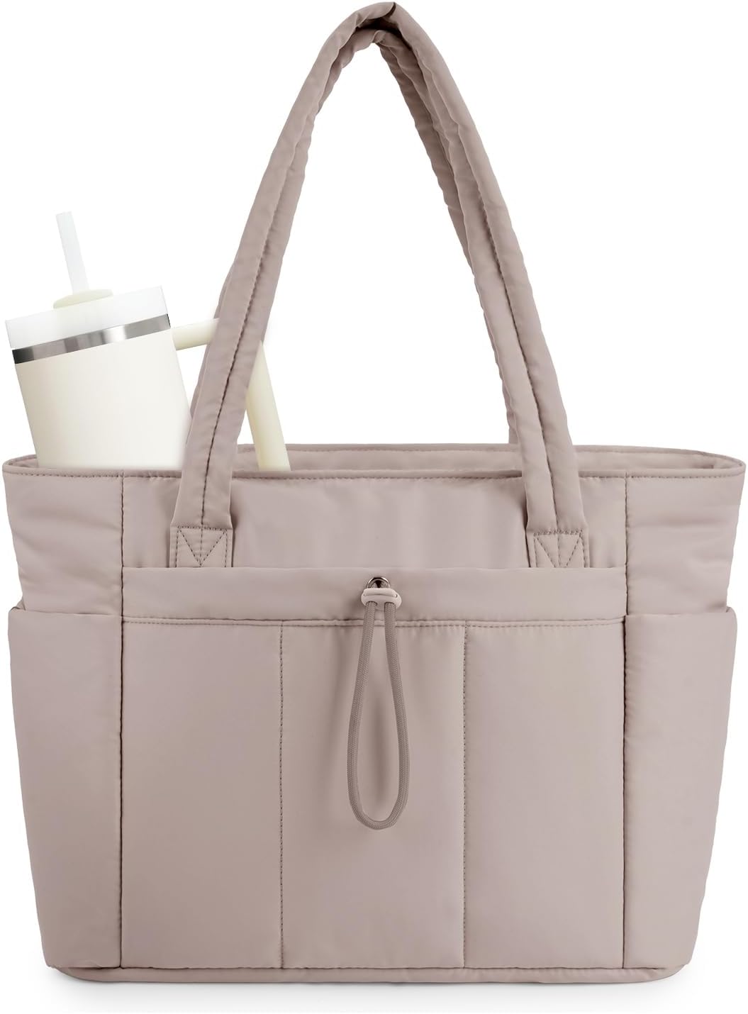 Fashionable quilted puffer tote bag for women, designed with a laptop sleeve & practical cup holder.