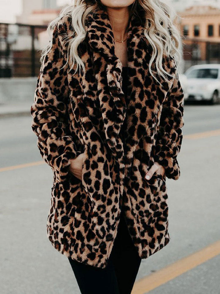 Warm Sofia women's leopard print winter coat featuring a stylish oversized collar, ideal for chic outerwear.