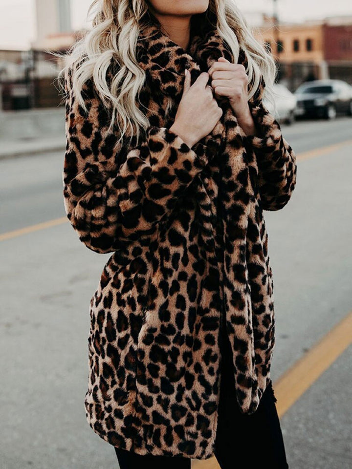 Elegant women's Sofia leopard print coat, a warm winter outerwear piece with an oversized collar for chic style.