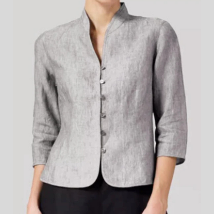 Chic women's stand-collar blouse with elegant three-quarter sleeves & button-front design, perfect for work or casual.