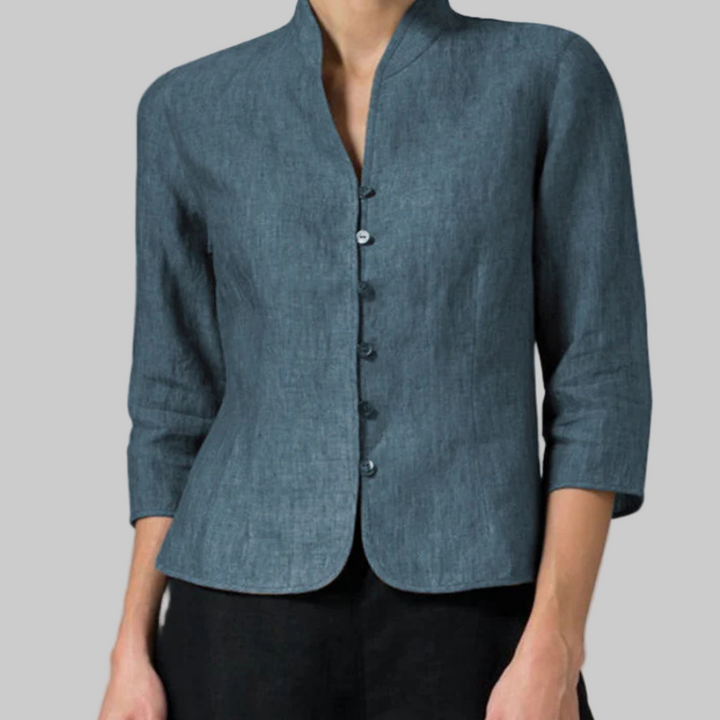 Elegant women's stand-collar blouse, a versatile top for workwear and everyday fashion. Features stylish 3/4 sleeves.
