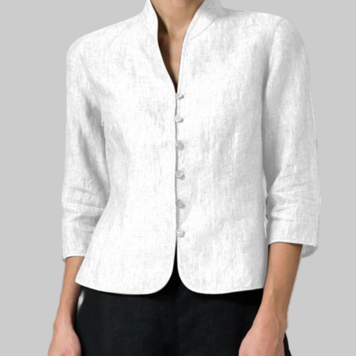 Stylish women's stand-collar blouse with a sophisticated button-front and three-quarter sleeves for a chic look.