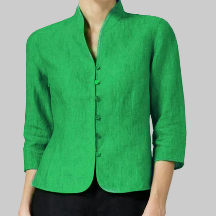 New chic women's stand-collar blouse. Versatile 3/4 sleeve top, elegant for work, casual, or everyday fashion.