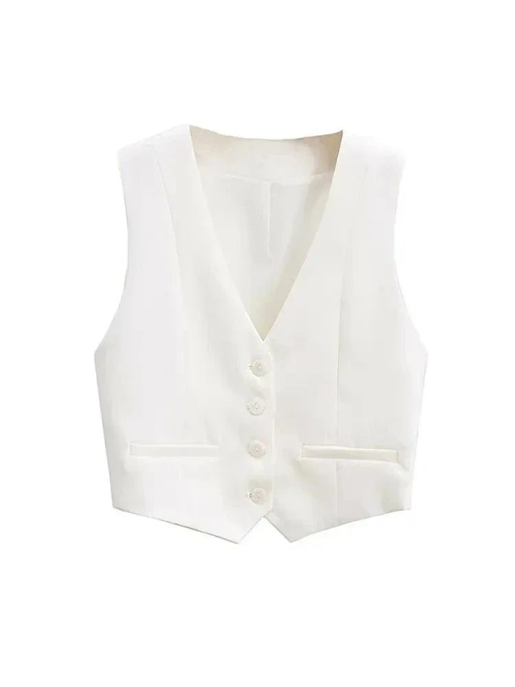 Versatile women's tailored vest, ideal as a chic layering piece for elegant office outfits or casual fashion.