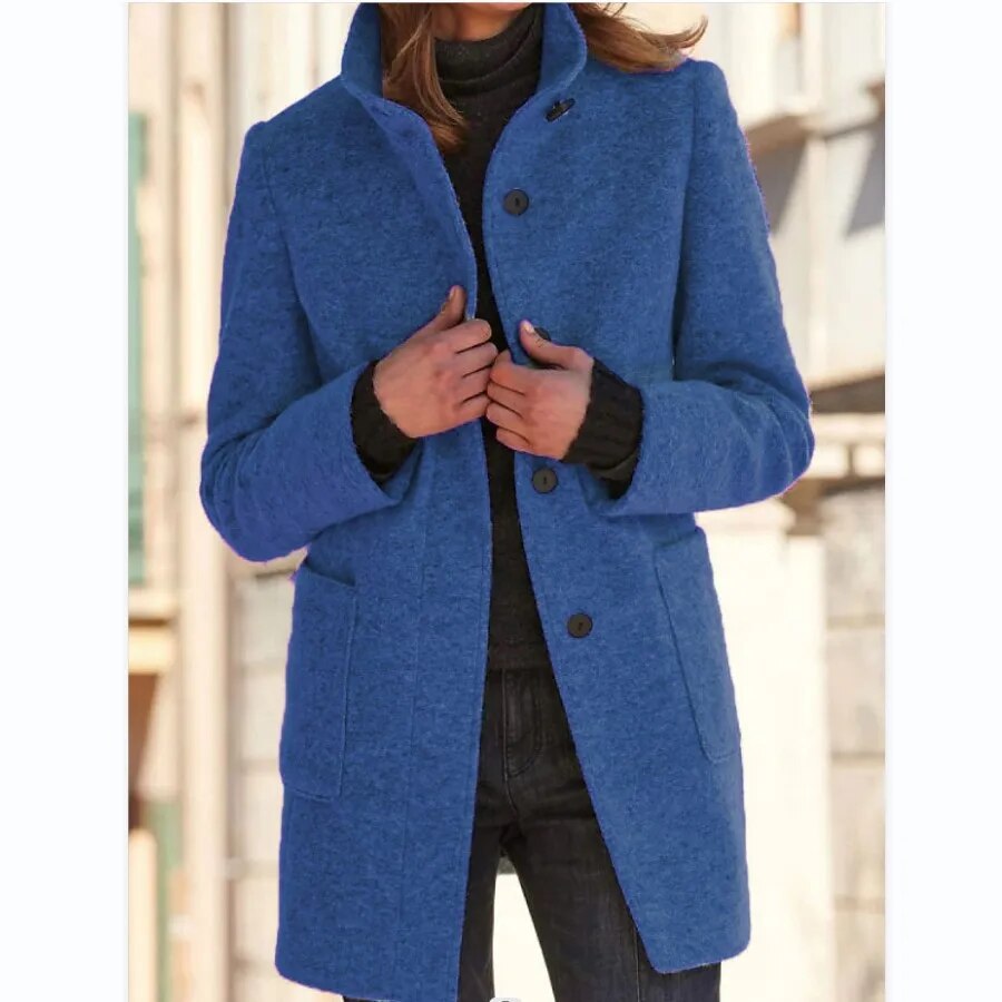 Stylish Emma women's long winter coat with standing collar. Versatile chic outerwear for cold weather fashion.
