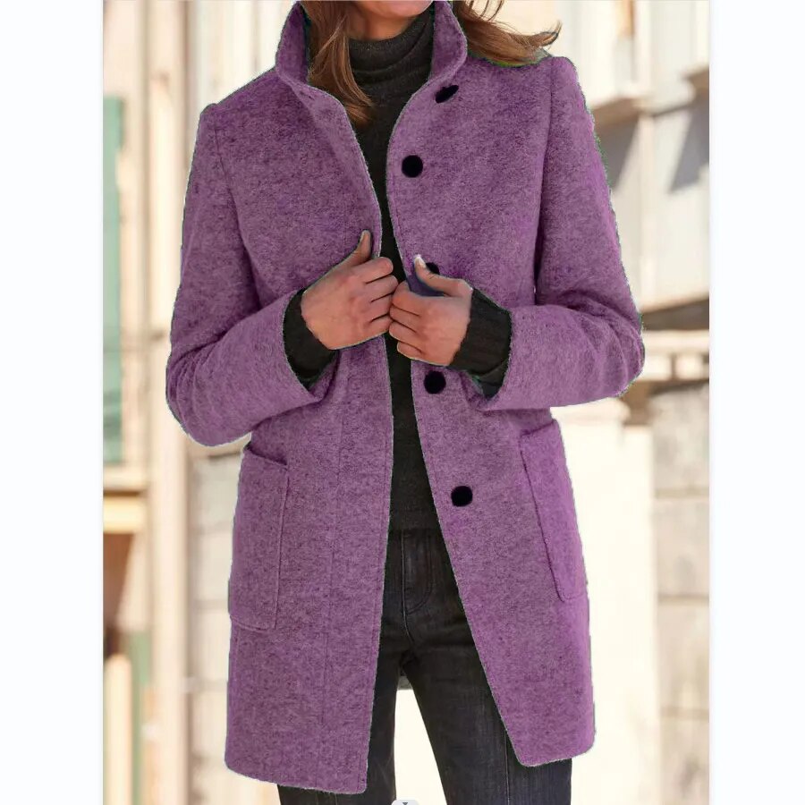 Elegant Emma women's winter overcoat, a stylish long coat with classic buttons & standing collar. Ideal cold weather outerwear.