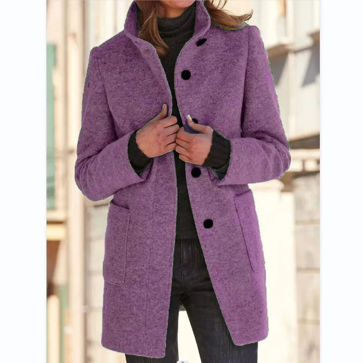 Elegant Emma women's winter overcoat, a stylish long coat with classic buttons & standing collar. Ideal cold weather outerwear.