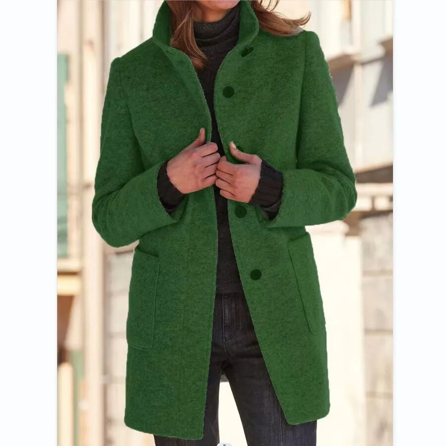 Must-have women's chic winter overcoat. Stylish, warm, and versatile long outerwear with a standing collar for cold weather.