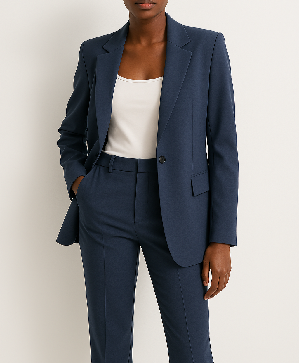 Chic women's tailored blazer and trouser set, elegant business attire with a modern fit, ideal for office or formal events.