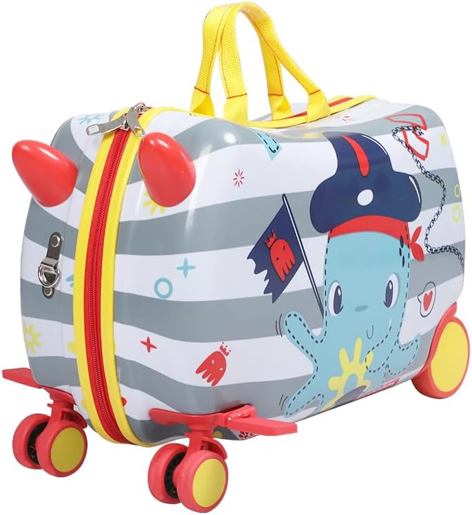 Children's 2-in-1 ride-on scooter suitcase with fun octopus pattern and 360° spinner wheels.