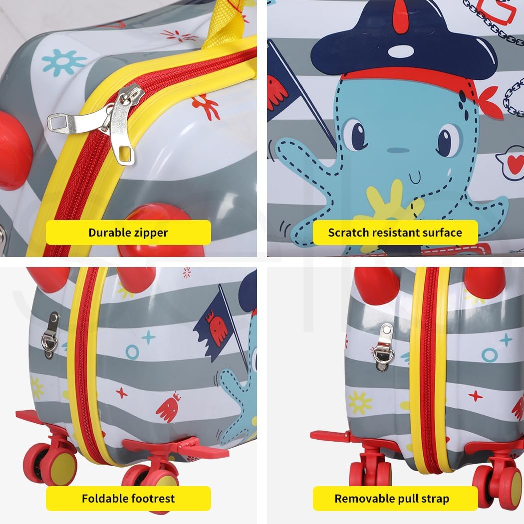 Playful children's ride-on luggage, an octopus-themed scooter suitcase with easy-glide spinner wheels.