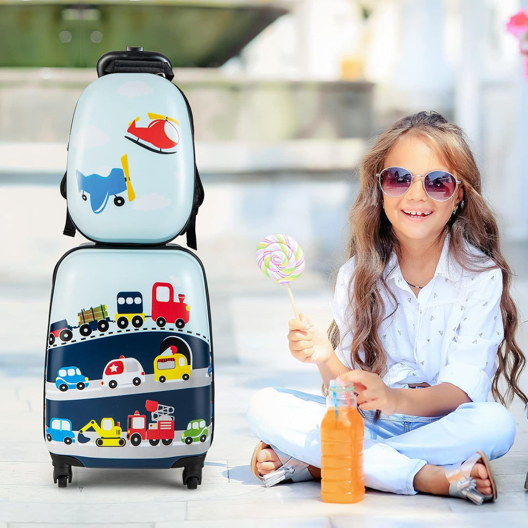 Kid's hardshell rolling luggage & backpack travel set, helicopter-themed with smooth 360° wheels.