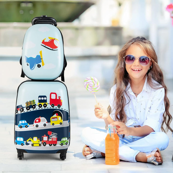 Kid's hardshell rolling luggage & backpack travel set, helicopter-themed with smooth 360° wheels.