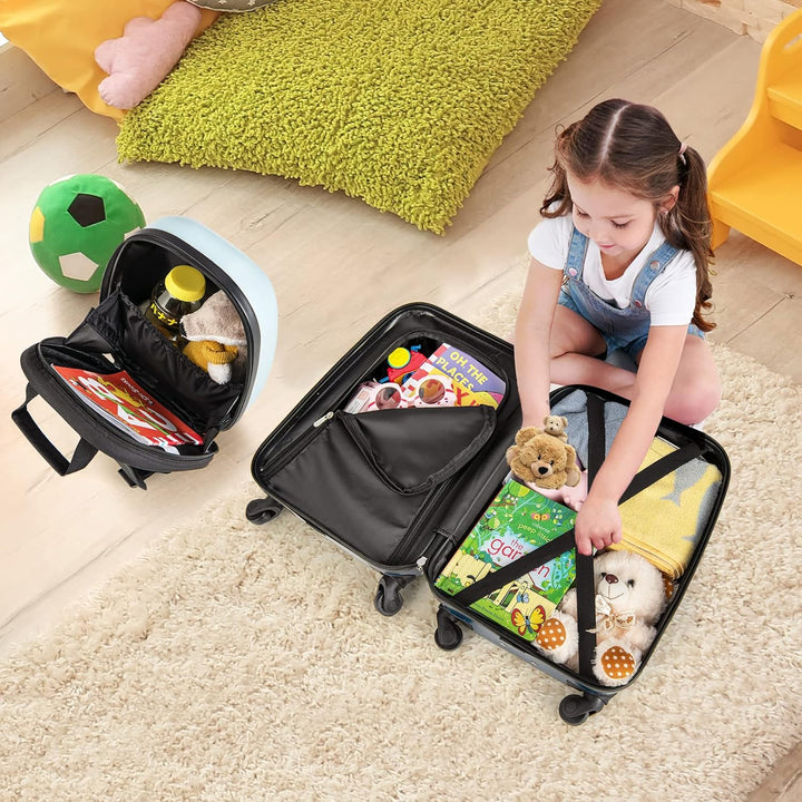 Junior travel set: helicopter hardshell suitcase & matching backpack. Perfect kids' vacation gear.