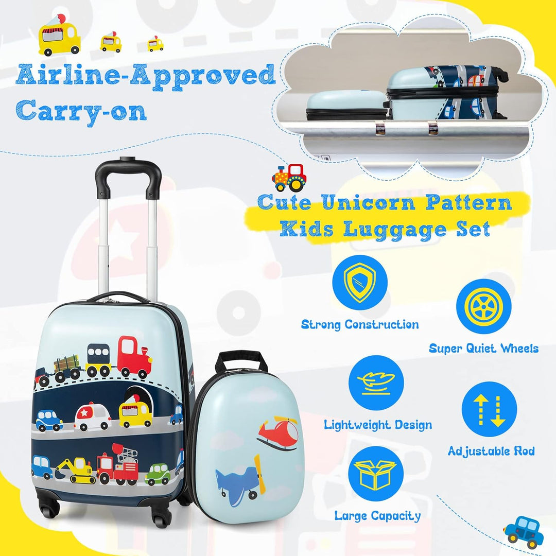 Child's rolling helicopter hardshell luggage & wheeled backpack set, great for school trips.
