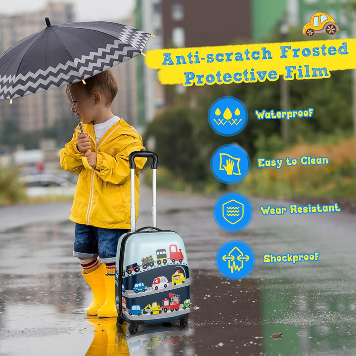Helicopter hardshell rolling luggage for kids + matching backpack. Complete children's travel set.