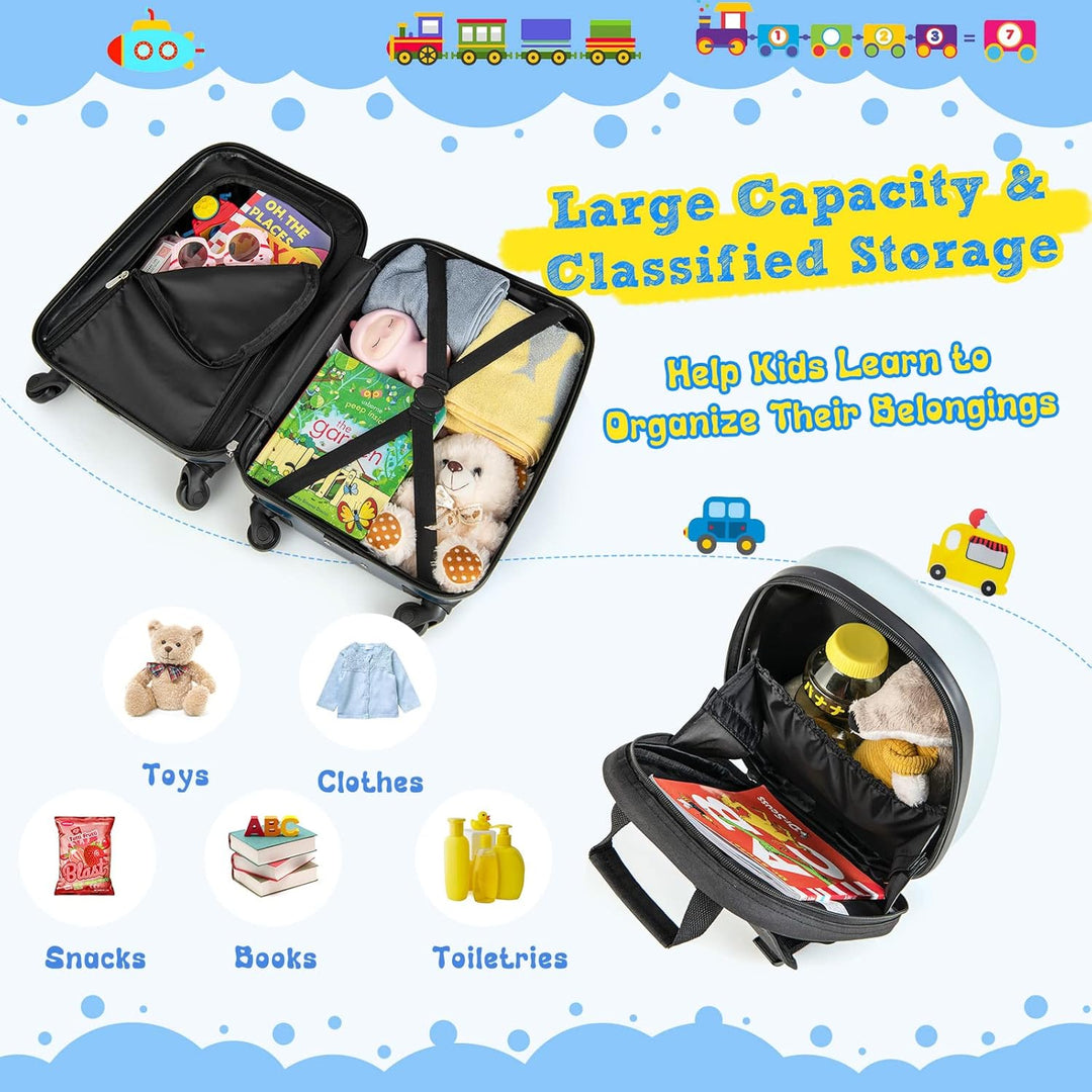 Kid's helicopter backpack & hardshell rolling luggage set, ideal for junior travel adventures.