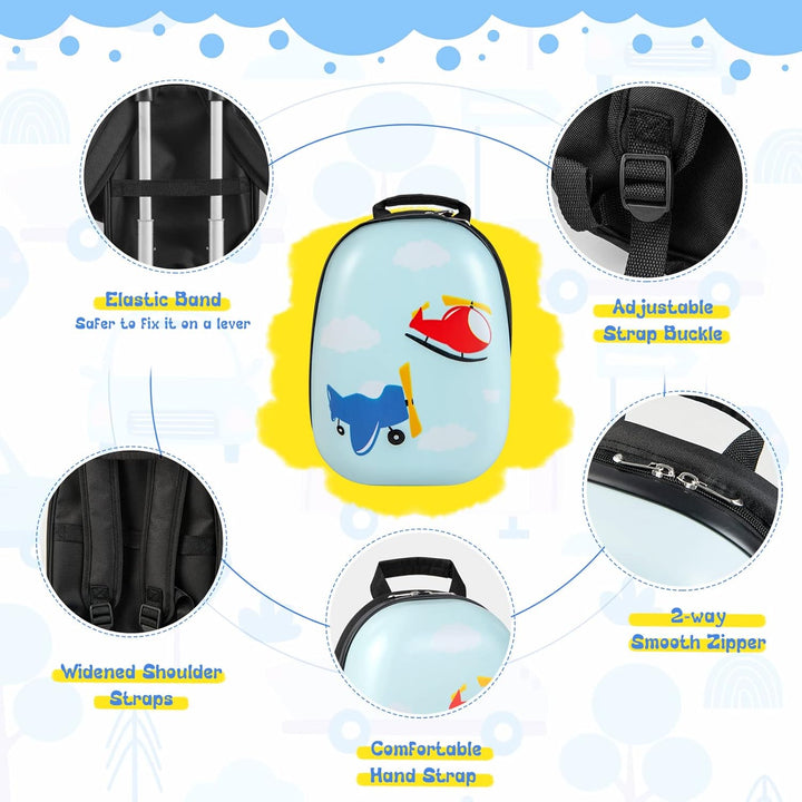 Bright helicopter hardshell rolling suitcase & backpack set for kids, with 360° spinner wheels.
