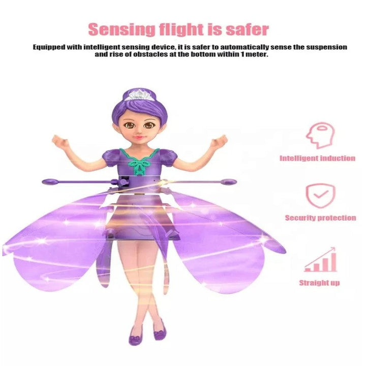 Gesture-controlled flying doll drone for children, glowing with vibrant LED lights during flight.