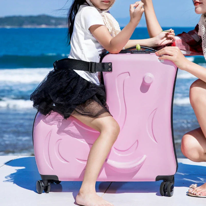 Fun Milan children's ride-on luggage, a carry-on friendly suitcase for easy kids' travel & vacations.