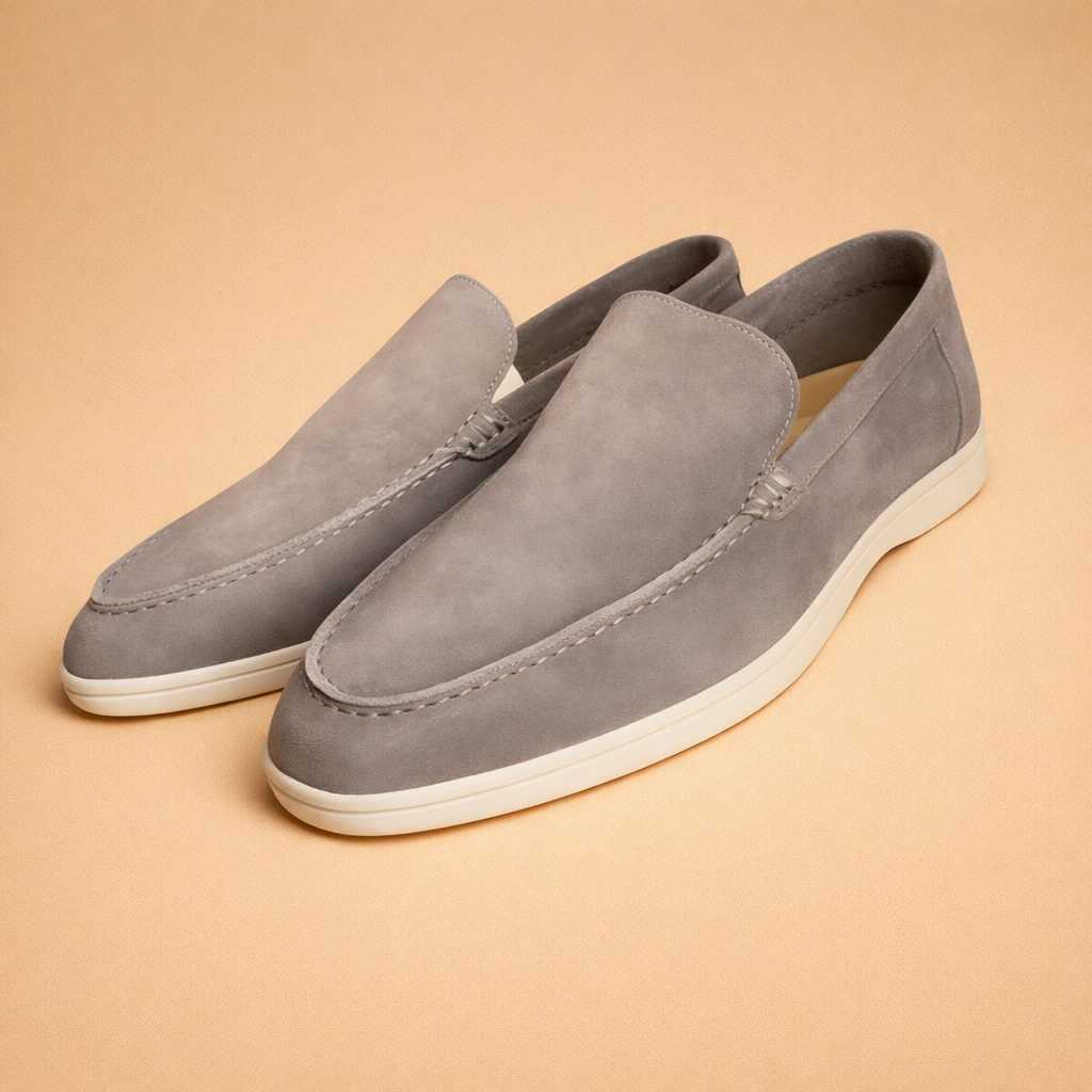 Beige men's casual penny loafers, easy slip-on shoes for comfortable & stylish wear.