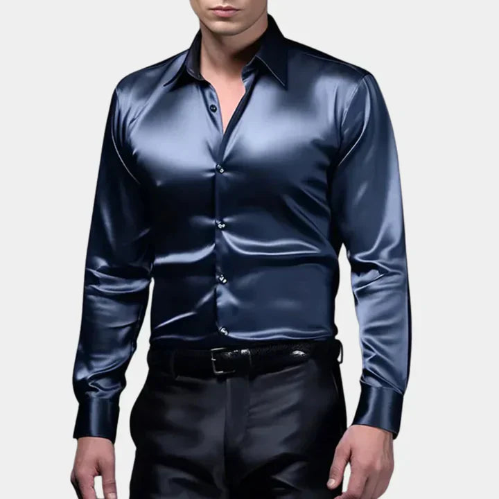 "Classic long sleeve men's stretch shirt in premium cotton blend, featuring a timeless collar and button-down front."