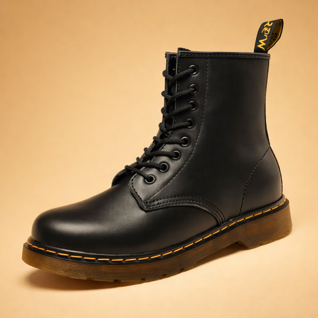 Classic men's black lace-up combat boots, durable and stylish for everyday wear and street fashion.