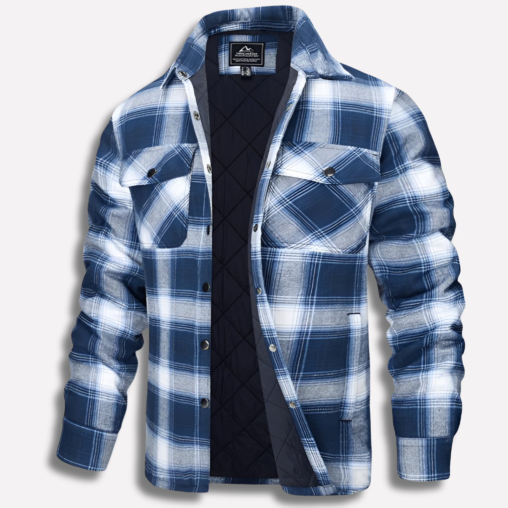 Rugged men's checked button-down shirt in classic plaid, suitable for outdoor adventures.