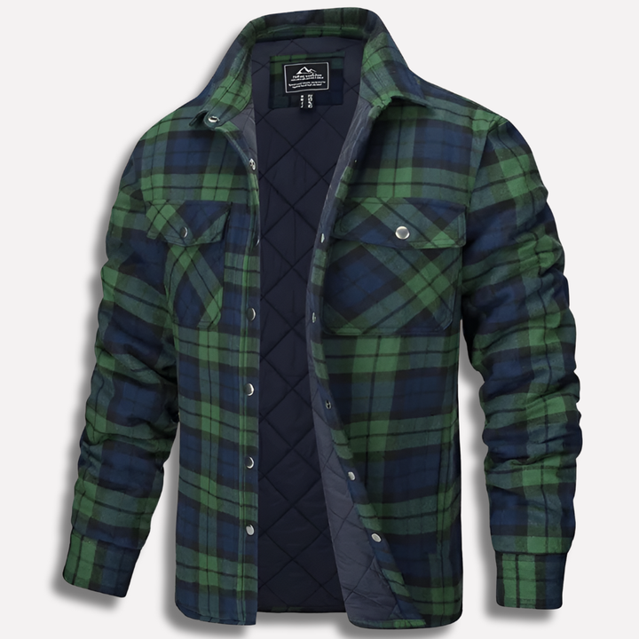 Stylish men's button-down plaid shirt, offering timeless appeal for layering or casual wear.