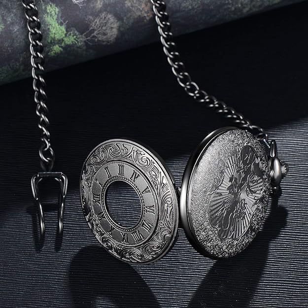 Classic men's Roman numeral pocket watch with quartz movement and chain, vintage antique style timepiece.