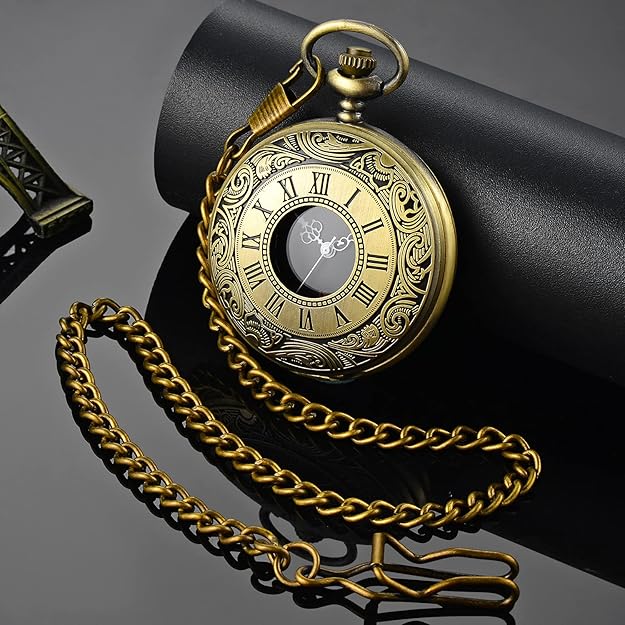 Slim profile of a men's timeless Roman numeral pocket watch, showcasing its vintage finish and design.