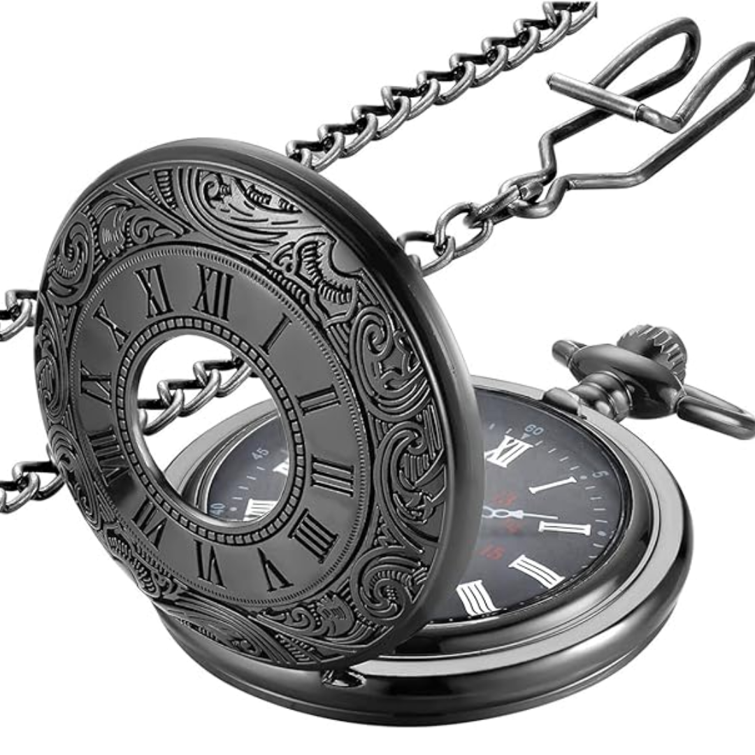 Close-up of the intricate chain linked to a men's classic Roman numeral pocket watch, vintage style.