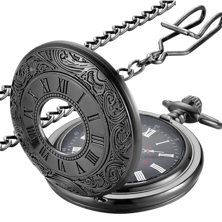 Close-up of the intricate chain linked to a men's classic Roman numeral pocket watch, vintage style.