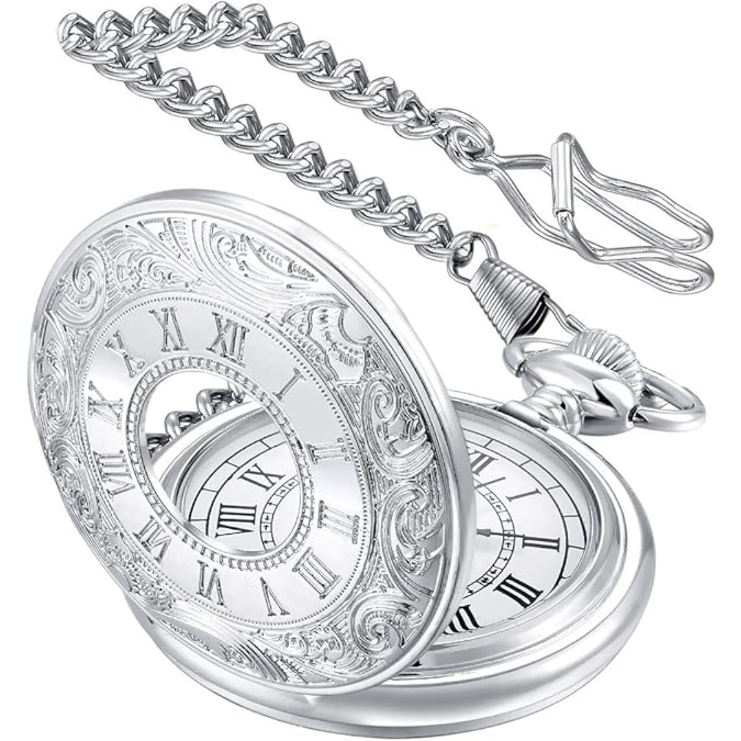 Polished men's vintage pocket watch with classic Roman numerals, reflecting its unique antique appeal.
