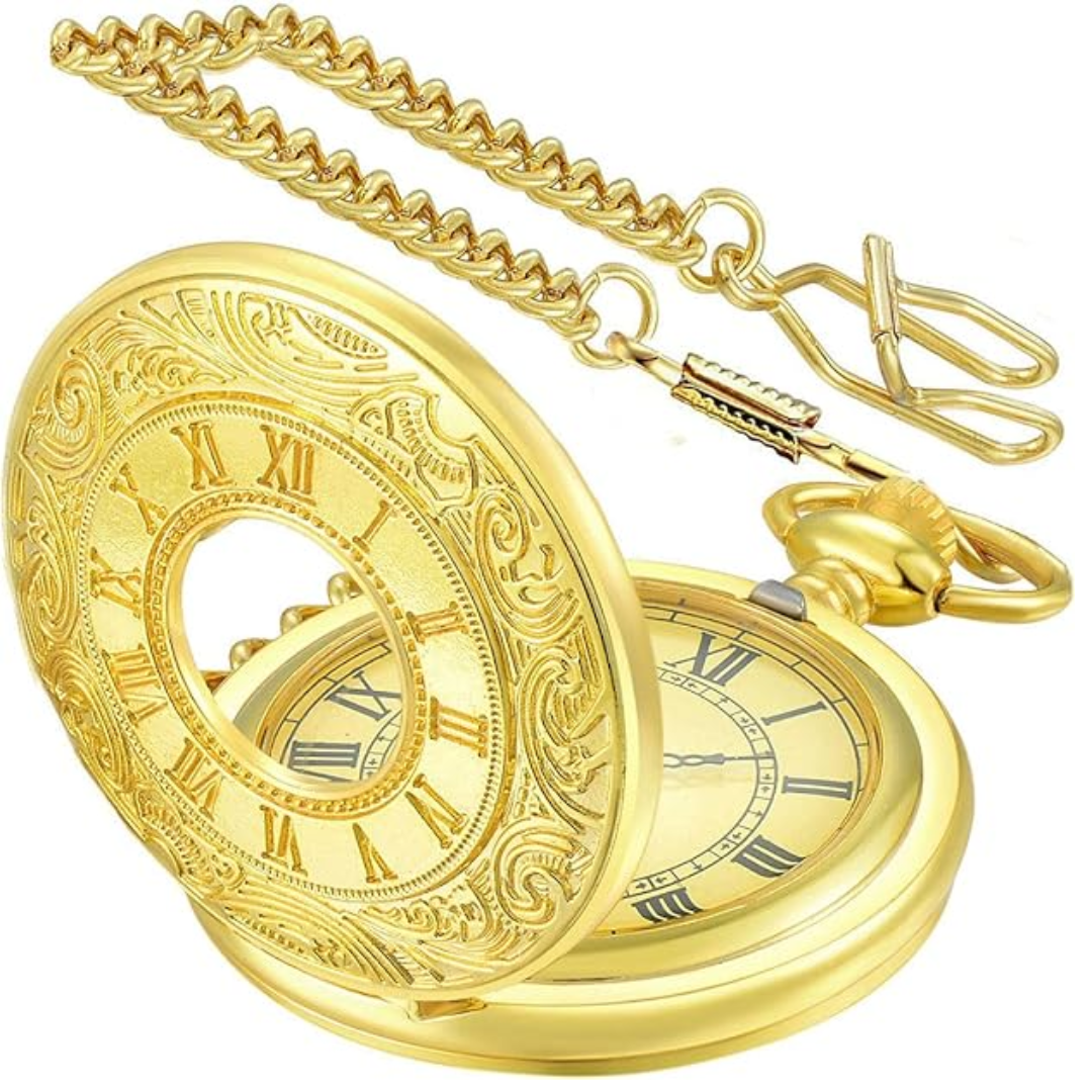 Unique antique style men's pocket watch featuring classic Roman numerals, a quartz movement, and chain.