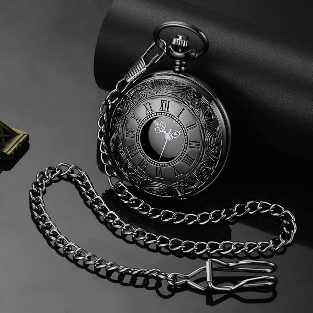 Men's antique style Roman numeral pocket watch with matching chain, a perfect timeless gift for him.