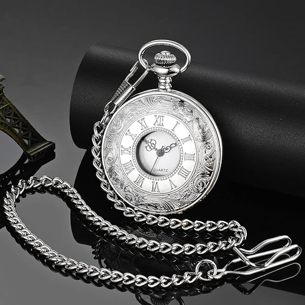 Open face men's classic Roman numeral pocket watch, showcasing its vintage design and quartz movement.