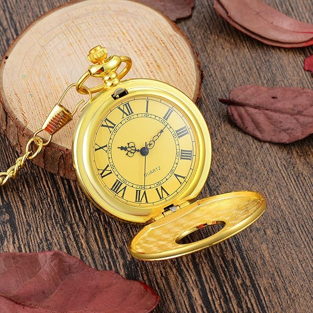 Angled view of a men's vintage quartz pocket watch with classic Roman numerals and unique antique finish.
