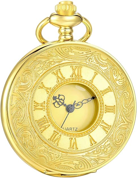 Ornate back of a men's classic Roman numeral pocket watch, adding to its vintage and unique appeal.