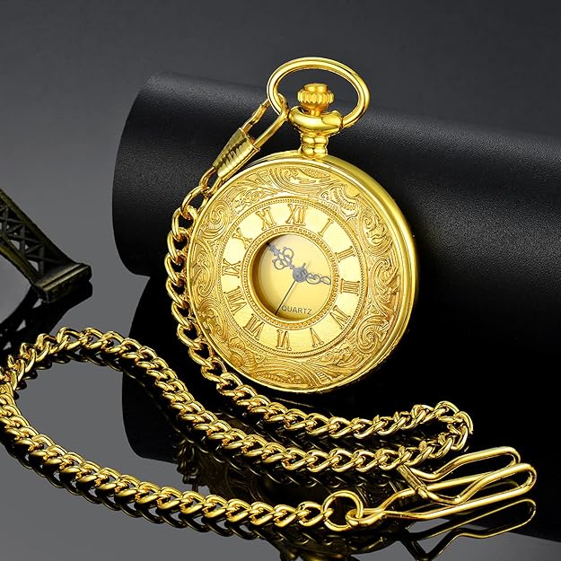 Men's timeless Roman numeral pocket watch in a gift box, ideal unique antique style present for him.