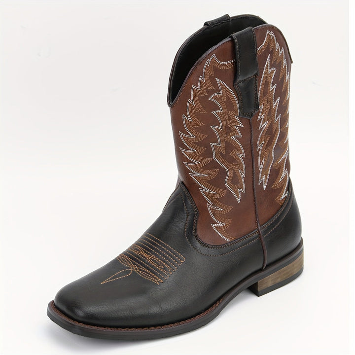 Rugged men's classic cowboy boots, mid-calf style. Durable Western footwear with a comfortable, all-season design.