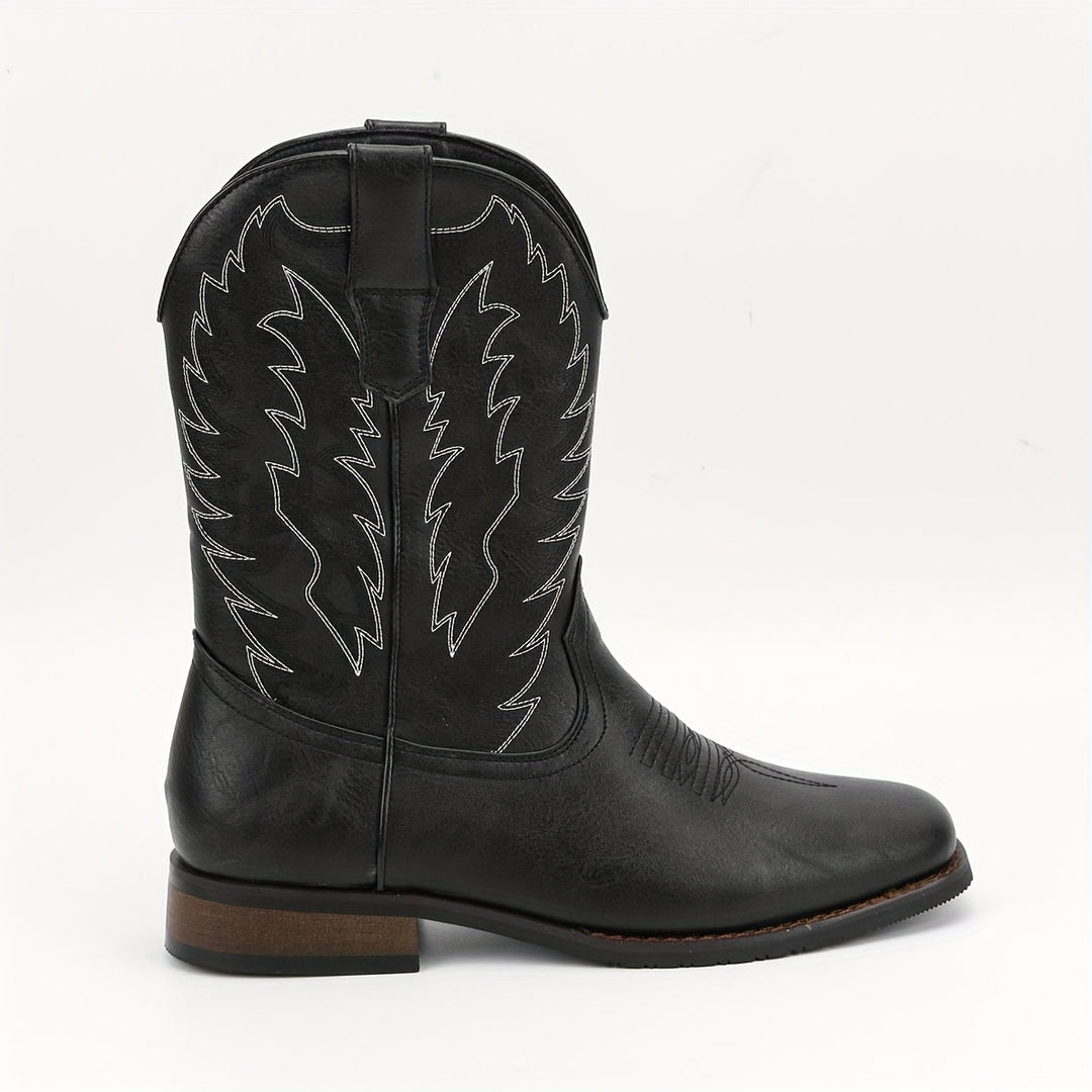 Rugged men's mid-calf cowboy boots. Classic Western style with pointed toe & durable construction for everyday wear.