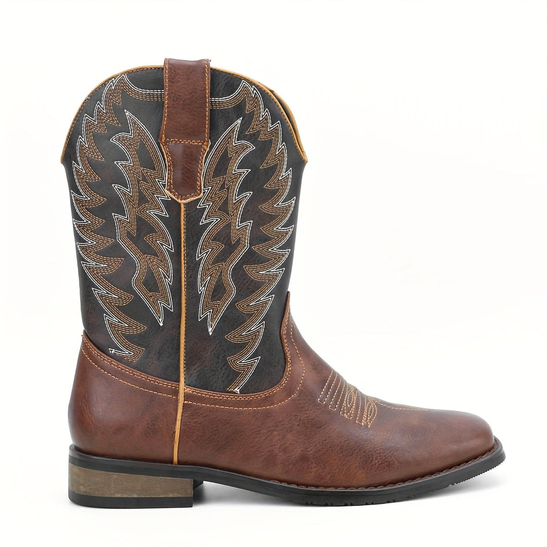 Men's comfortable classic Western cowboy boots, mid-calf design. Stylish pull-on boots for all-season fashion.
